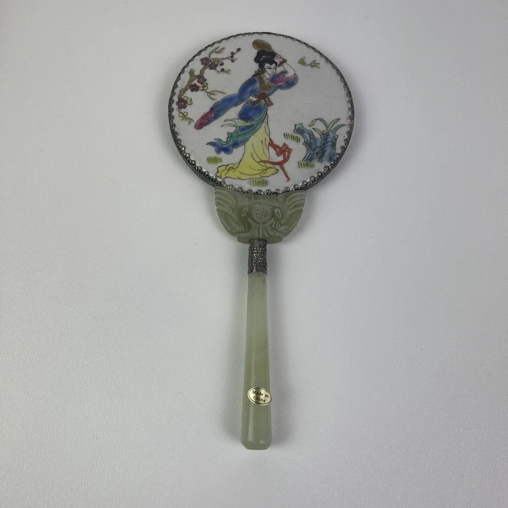 Vintage Chinese Celadon Jade Hand Painted Porcelain Vanity Mirror Geisha In Box